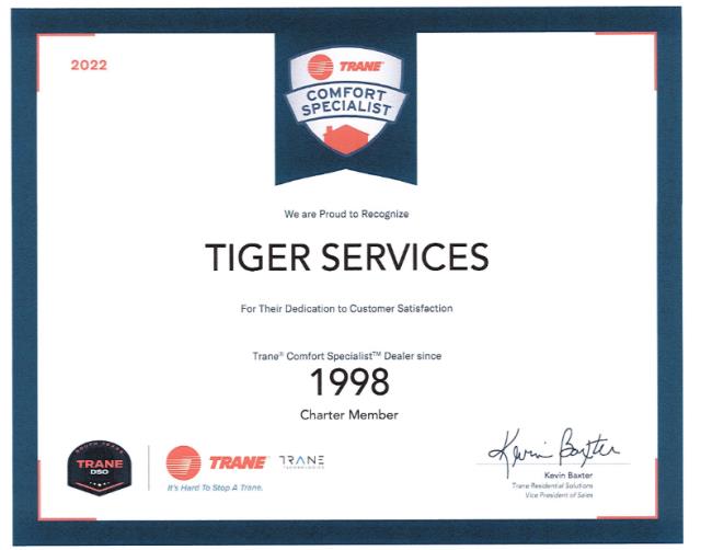 Tiger Services Air Conditioning Awarded the 2022 Trane Comfort Specialist Award